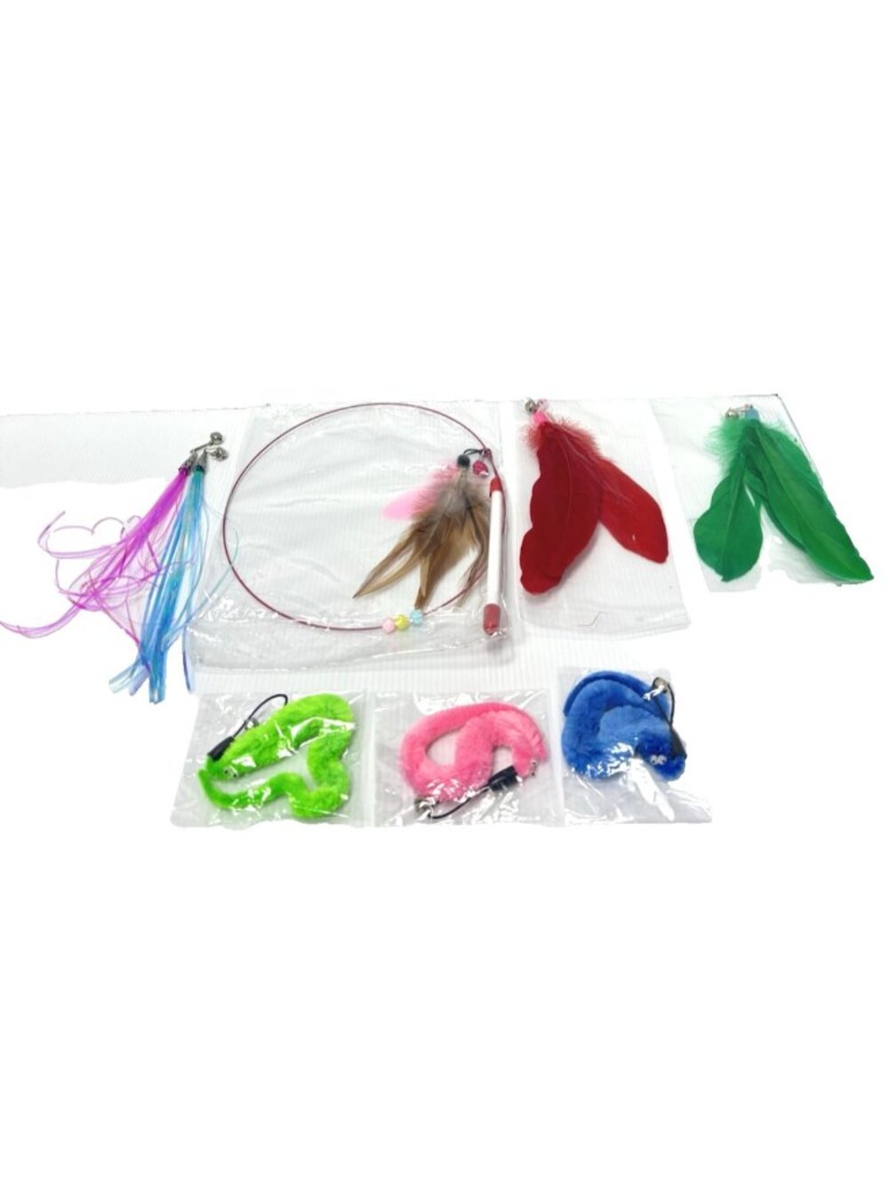 7Pc Cat Wand Attachment Refills Feather Tassels Bell Interactive Teaser Toy Set